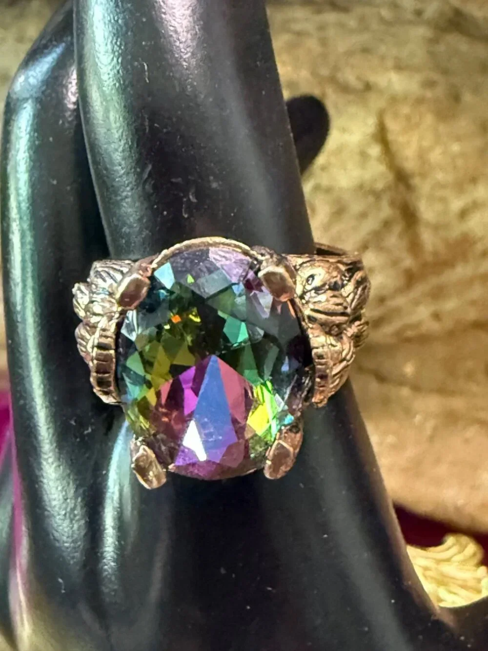 Adjustable Vintage Style Mystic Topaz Ring Intricate Copper Setting